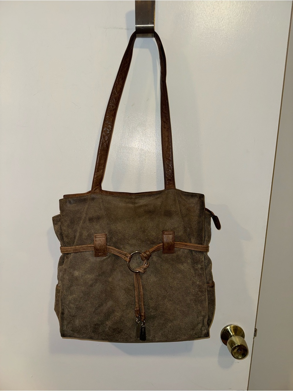 Liza Ganz Brown Leather Tote Bag with a Distinctive Ring Detail & Tassel